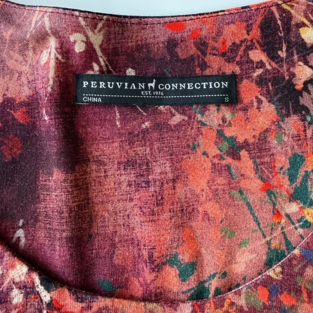 Peruvian Connection Floral Print Tunic Dress Burgundy Small Boho Art To Wear - Picture 10 of 13